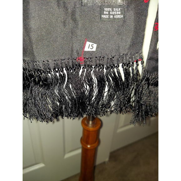 DKNY 100% Silk Novelty Flagstick Fringe Scarf Black - Picture 4 of 6